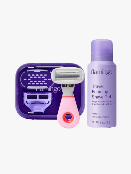 Flamingo Travel Razor Kit in branded components on a light gray background